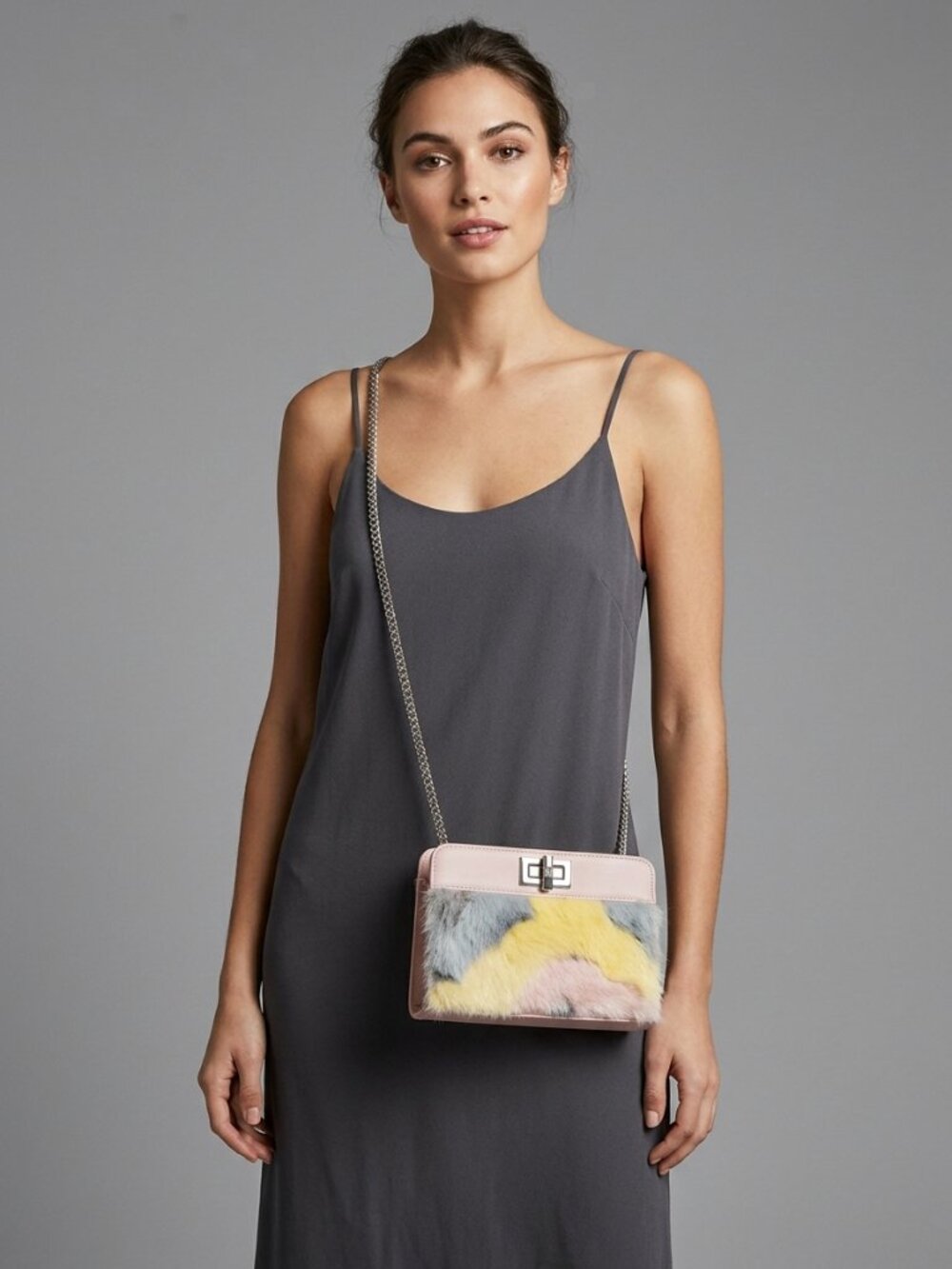 Street Level  Pink And Grey Fur Front Pink Leather Back Chain Crossbody Bag
